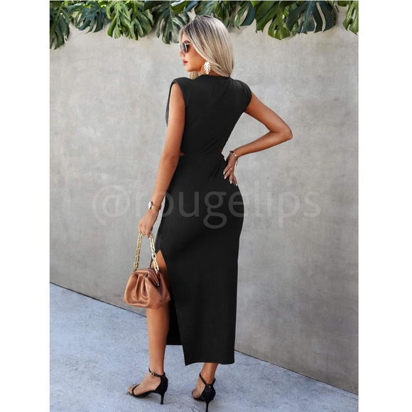 Black Cut Out Sides Ring Detail Shoulder Pad Long Dress Leg Slit - Picture 2 of 6